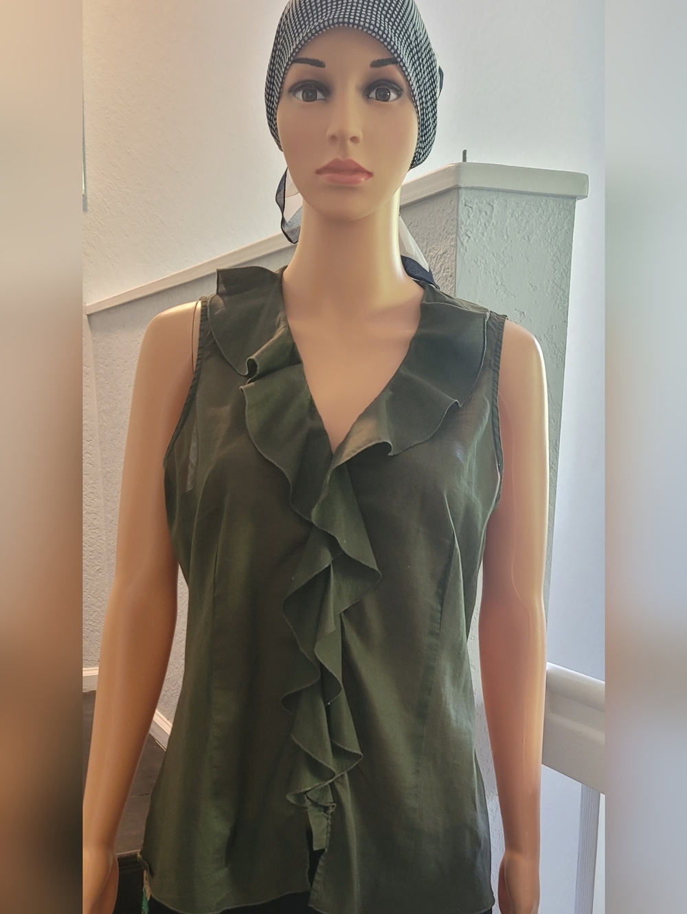 Nine West Olive Green Ruffle Sleeveless Blouse